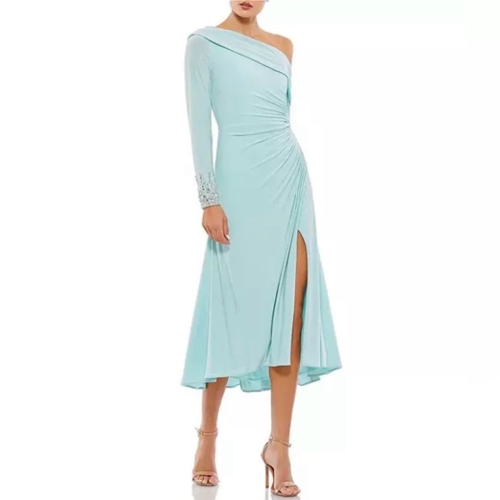 Mac Duggal Mint One-Shoulder Midi Dress with Side Slit